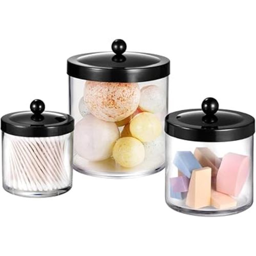SheeChung Premium Quality Apothecary Jars - Clear Plastic Storage Jars with Rust Proof Stainless Steel Lids - Bathroom Vanity Countertop Organizer Canister Holder House Decor | Set of 3 (Black)