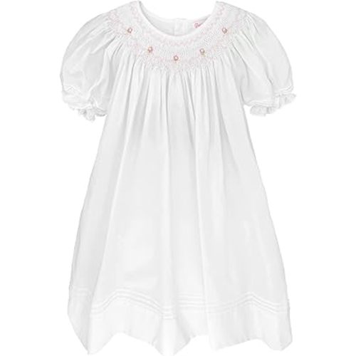 Petit Ami Baby Girls’ Daygown with Heart Smocking and Pearls, Newborn, White
