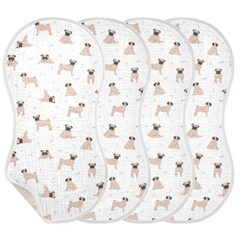 Muslin Baby Burp Cloths, Cute Pug Puppy Dogs Muslin Baby Rags Comfy Soft Absorbent in for Newborn Boys and Girls 4 Piece 22 x 11 Inch