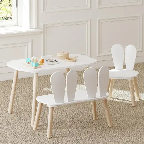 UTEX Kids Table and Chair Set, Toddler Table with Bunny Chair and Bench, 3 Pieces Wooden Children Table for Kids Room, Classroom, Nursery, White