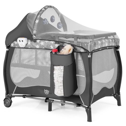 BABY JOY 4 in 1 Pack and Play, Portable Baby Playard with Bassinet, Adjustable Canopy, Changing Table, Lockable Wheels, Music Box, Travel Baby Crib Bassinet from Newborn to Toddler