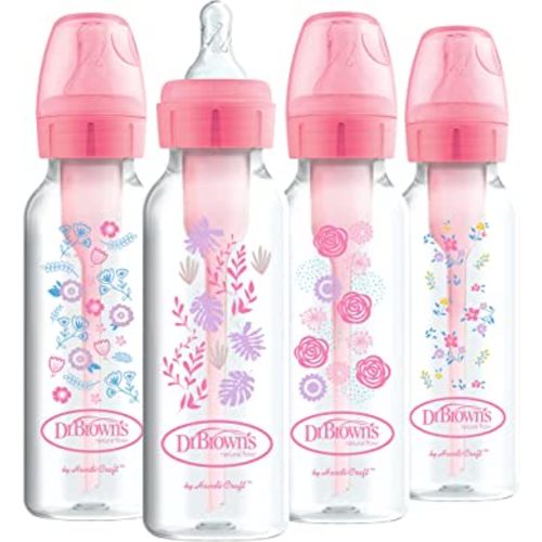 Dr. Brown’s Natural Flow® Anti-Colic Options+™ Narrow Baby Bottles 8 oz/250 mL, with Level 1 Slow Flow Nipple, 4 Pack, Pink Floral, 0m+