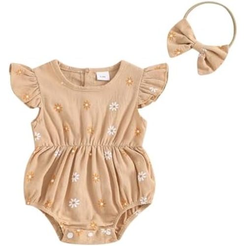 FOMOYUU Newborn Baby Girls Daisy Printed Clothes Pleated Ruffled Sleeve Bubble Romper Cute Summer Outfit with Headband