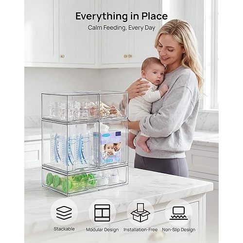 Vtopmart Stackable Storage Drawers Set of 5, Clear Plastic Organizer Bins for Baby Bottle, Beauty Supplies Storage, Ideal for Kichen Countertop, Vanity, Bathroom, Cabinet, Pantry Organization