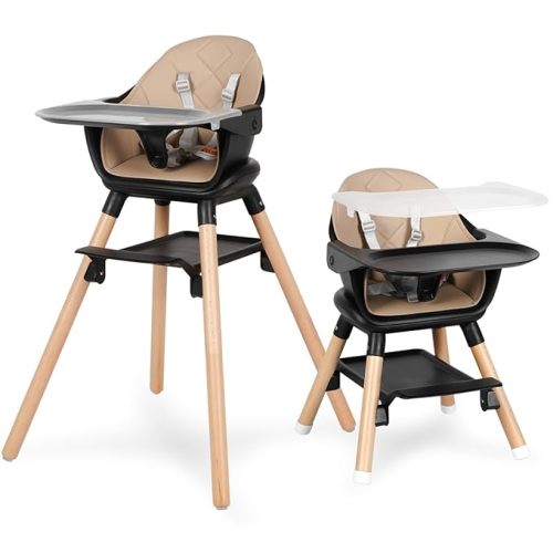 6 in 1 Baby High Chair, Convertible Wooden High Chairs/Booster Seat for Babies and Toddlers, Baby Feeding Chair with 5-Point Harness/Double Removable Tray & Adjustable Footrest (Black)