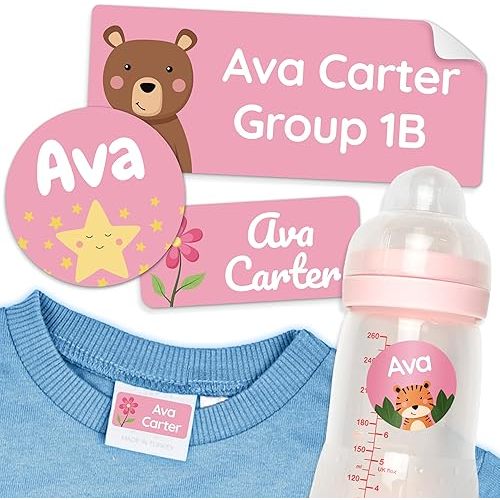 Personalized Daycare Name Labels for Kids Pink [150pcs] - Waterproof Name Stickers for School, Baby Bottles & Clothing - Custom Name Stickers - Washable Stick On Labels (Various Sizes)