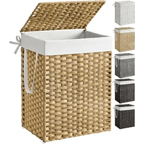 SONGMICS Laundry Hamper with Lid, 23.8 Gallon (90 L) Synthetic Rattan Clothes Laundry Basket with Lid and Handles, Foldable, Removable Liner, Goose Yellow ULCB51NL