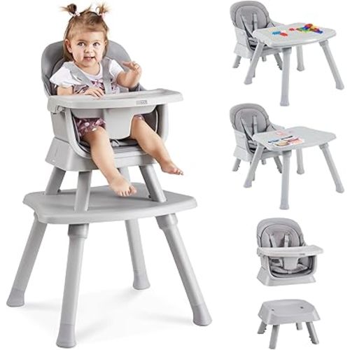 8 in 1 Baby High Chair with Removable Tray, Multifunctional High Chair for Babies and Toddlers, Converts Kids Table & Chair Set/Toddler Building Block Table/Step Stool/Small Dining Chair (Grey)