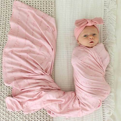 Personalized Light Rose on Pink Baby Name Swaddle Blanket - Script