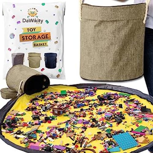 Toy Storage Basket and Play Mat - Building Bricks Toy Storage Organizer - Tidy with Ease - Toy Blocks Mat Storage Bag - Collapsible XL Kids Canvas Bag/Bin - Drawstring Playmat Boy/Girls-15"x14”(BEIGE)