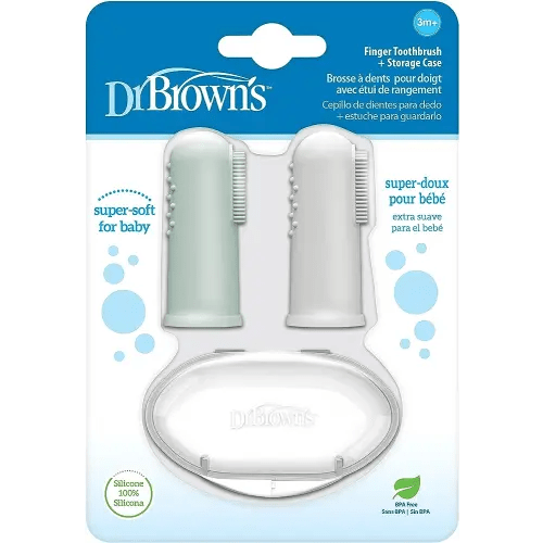 Dr. Brown's Silicone Finger Toothbrush for Baby with Travel-Storage Case, 3m+, Gray and Light Green, 2 Count, (Pack of 1)