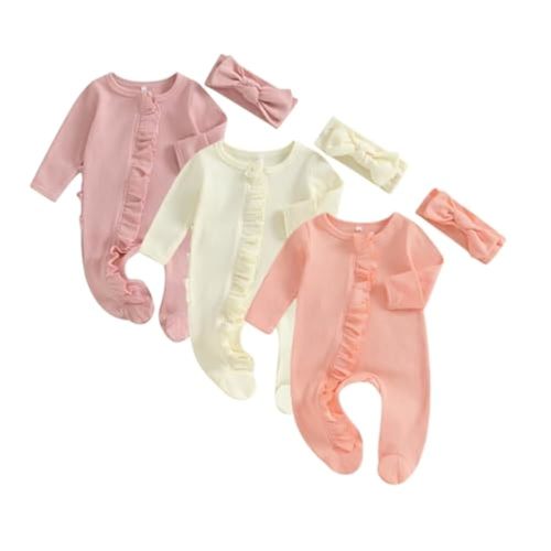 Merqwadd Baby Girl Zipper Pajama Footies 3 Pack Ruffle Sleeper Coming Home Infant Cotton Clothes