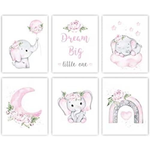 Canssape Pink Elephant Nursery Wall Decor Set of 6 Baby Girl Room Decor Elephant Wall Art Goodnight On Moon |Dream Big Little One Decoration for Kids Nursery Girls Room|(8"x10")(Unframed)