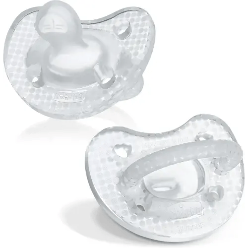 Chicco PhysioForma Luxe Silicone One Piece Pacifier for Babies Aged 0-6m | Fashion Textured Shield | BPA & Latex Free | Reusable Sterilizing Case | Crystal, 2pk