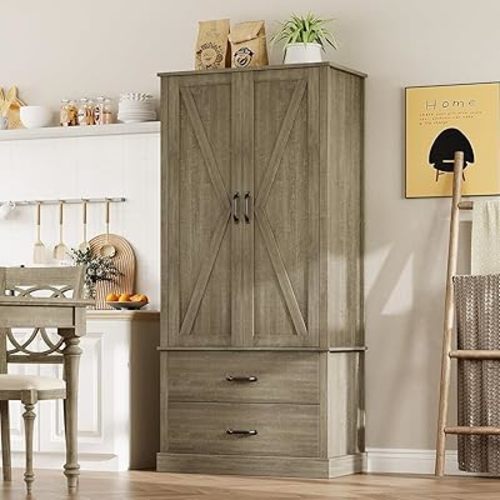 Kitchen Pantry Cabinet, Farmhouse Storage Cabinet with Barn Doors, Drawers and Adjustable Shelves, Versatile Storage for Kitchen, Dining Room, Grey