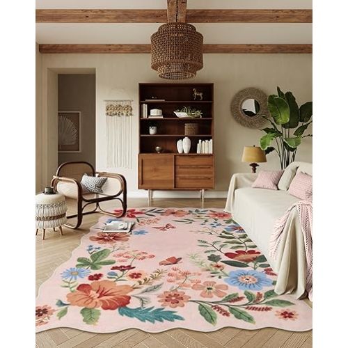Lahome Floral Living Room Rugs, Pink Area Rugs 5x7 Rug for Bedroom Ultra-Thin Soft Rug, Non-Slip Washable Rugs Stain Resistant Throw Boho Rug for ‎‎Nursery Playroom Classroom (5x7ft,Light Pink)