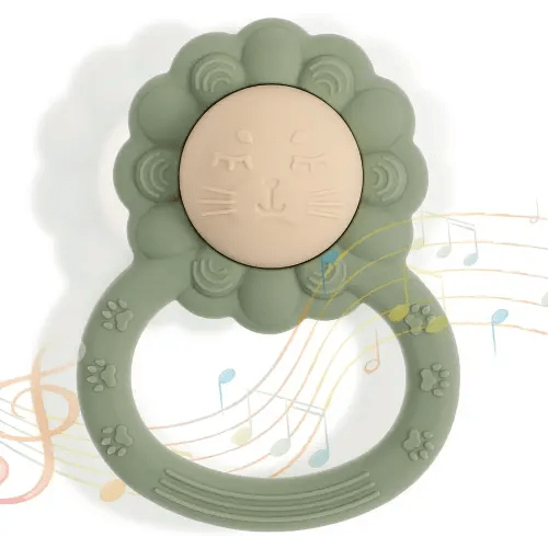 Rattle Teether, Lion Shape Montessori Baby Sensory Teething Toys, Food Grade Silicone BPA Free, Newborn Essentials Must Haves (Shifting Sand Sage)