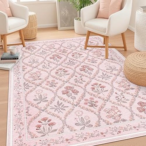 5x7 Nursery Rug for Baby Girl, Blush Pink Boho Cute Floral Rug for Bedroom Girls, Washable Large Soft Non-Slip Low-Pile Carpet or Living Room Kids Room Playroom Dorm, Pink Multi
