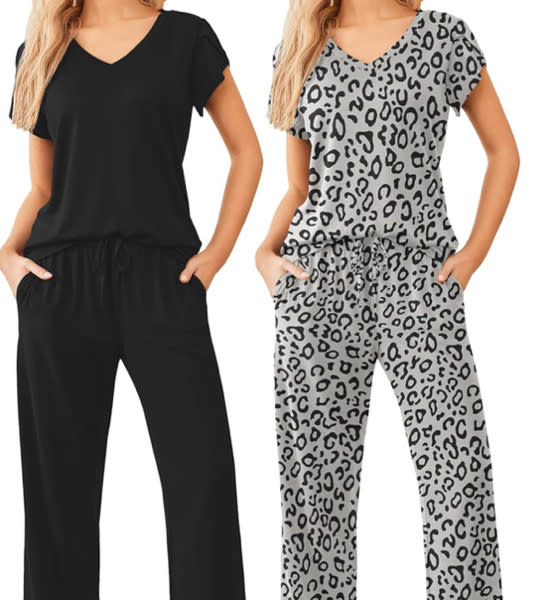 Ekouaer 2 Pack Womens Pajamas Short Sleeve Sleepwear Top with Pants Super-Soft Printed Lounge Sets S-XXL