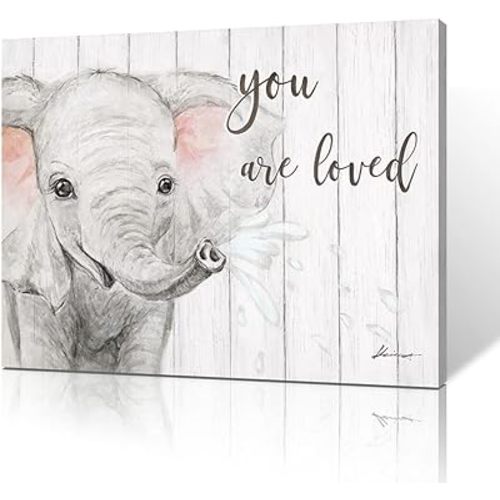 B BLINGBLING Elephant Nursery Canvas Wall Art: Blush Pink and Grey Baby Elephant Wall Art Prints You Are Loved Inspirational Quote Poster Cute Animal Picture for Baby Kids Room Decor Framed 16"x12"