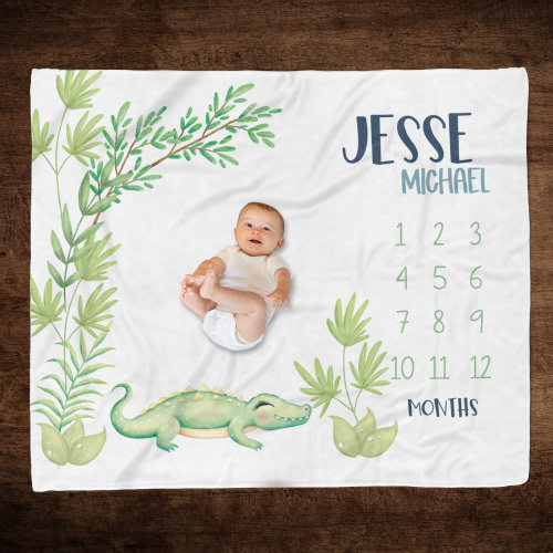 BABY BOY PERSONALIZED Alligator Milestone Blanket, Custom Name Boy Milestone Blanket, Baby Month Blanket, Baby Photo Blanket, Alligator Baby