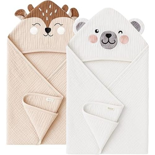 Konssy 2-Pack Muslin Baby Hooded Towels, Soft Cotton and Absorbent Baby Bath Towels for Newborn, Infant & Toddler with Animal Hooded Design (Bear & Deer)