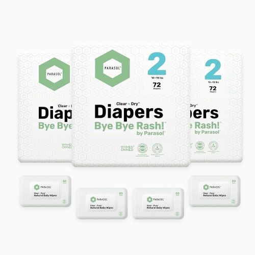 Parasol Clear+Dry Disposable Diapers and Clear+Pure Wipes, RashShield Protection, Size 2 (10-18 lbs), Diaper Bundle of 216 Diapers & 240 Wipes