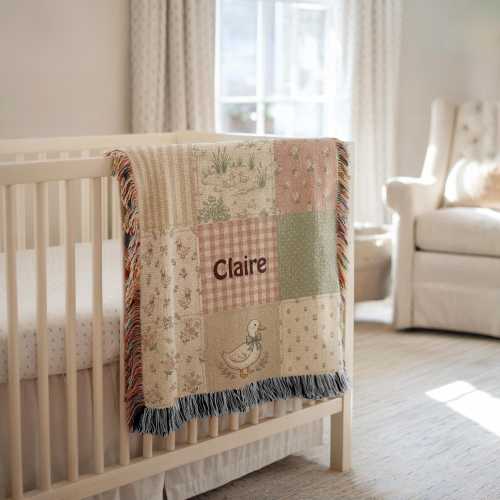Personalized Baby Girl Woven Blanket, Floral Goose, Baby Blanket with Name, Vintage Floral Nursery Decor, Custom Woven Baby Girl Blanket