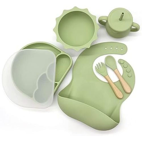 KCMI Silicone Baby Feeding Sets - Suction Plates and Bowls Set, Baby Bib, Spoon, Fork, & 8 oz Sippy Cup Set - Toddler Self Feeding Supplies - [Green]
