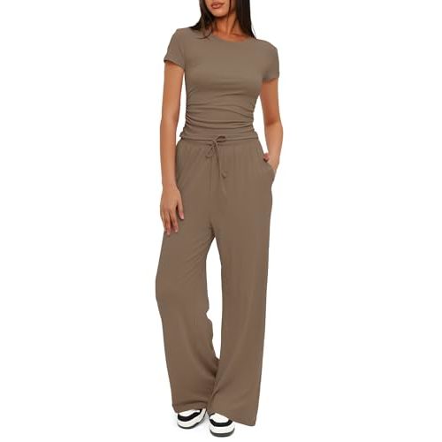 Darong Women's 2 Piece Outfits Lounge Sets Ruched Short Sleeve Tops High Waisted Wide Leg Pants Tracksuit Sets