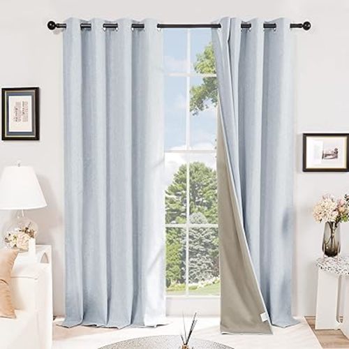 Deconovo Total Blackout Curtains Faux Linen Room Darkening Thermal Insulated Noise Reducing Energy Effcient Draperies for Living Room Bedroom (Light Blue, 52x96 Inch, 2 Panels)
