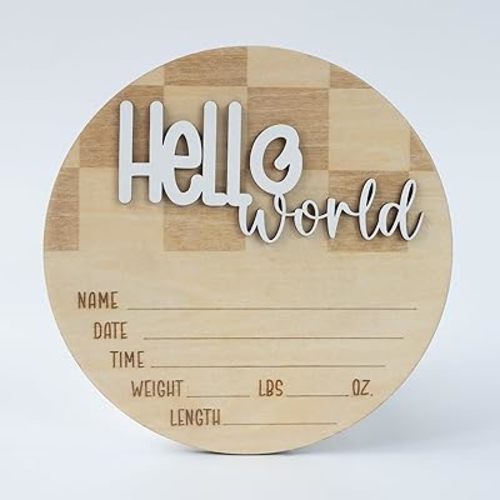 Hello World Baby Birth Stats Sign, 6.2 inches, Wood Engraved Hospital Announcement Board with Flower (BBL2)