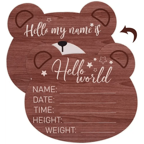 SAVITA Wooden Baby Announcement Plaque, 5.9 Inch Bear Shape New Baby Sign Welcome Sign Hello World Newborn Sign for Hospital Nursery Photo Prop