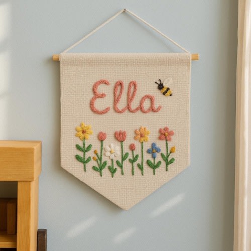 Custom Name Embroidery Wall Hanging Banner, Hand Embroidered Linen Flag, Newborn/Kids Room Decor, Name, Wildflower, Floral, Wild, Bee Design
