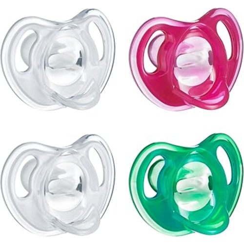 Tommee Tippee Ultra-Light Silicone Pacifier, 18-36 Months, Symmetrical One-Piece Design, BPA-Free Silicone Binkies, Clear/Red/Green, Pack of 4