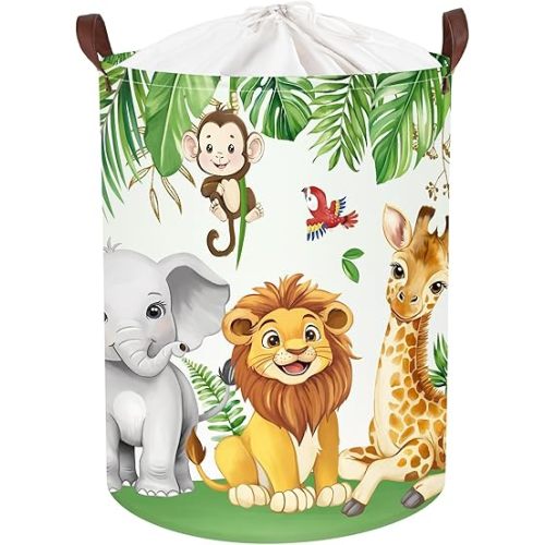 Clastyle Safari Animal Laundry Basket Leaf Kids Clothes Book Storage Basket Gift Toy Box for Bedroom Decor,Elephant Lion Giraffe,36x45 cm