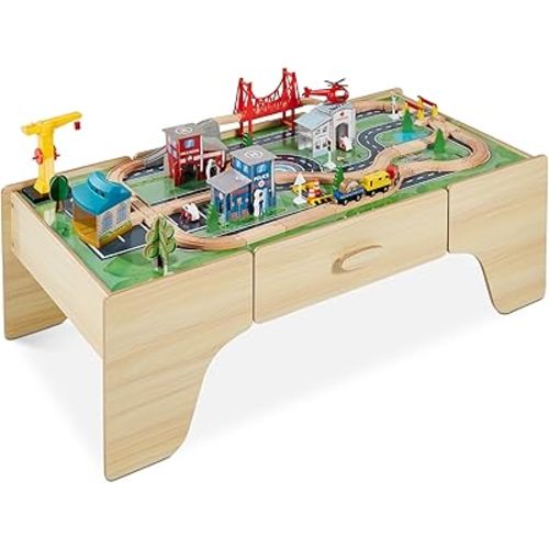 Best Choice Products Large 50in 35-Piece Train Table, Multipurpose Wooden Toy Activity Playset for Children w/Tracks, Reversible Top - Natural