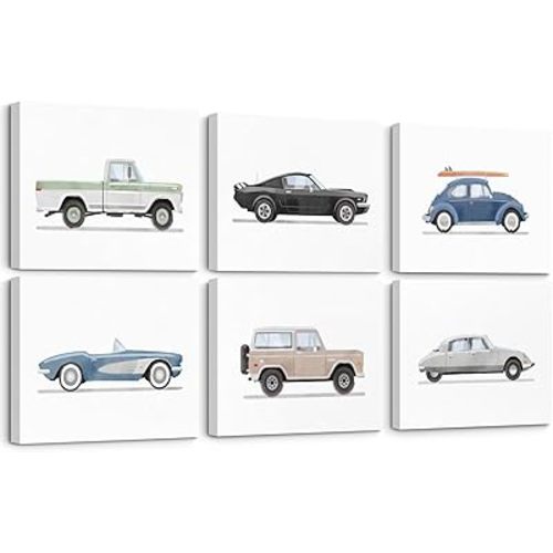 Blue Car Wall Art Decor Boys Room Wall Art Vintage Cars Canvas Poster Pictures Toddler Kids Room Prints Watercolor Vehicle Artwork Painting for Boys Bedroom Nursery 8x10 Inch Framed Set of 6