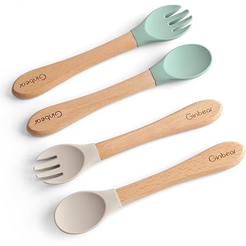 Ginbear Silicone Baby Spoons and Forks Self-feeding 12-18 Months, Soft-Tip Baby Flatware Sets, Toddler Feeding Utensils for Child, 4 Piece Set (Hazy Green/Almond)
