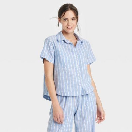 Women's Striped Cotton Blend Short Sleeve Pajama Shirt - Auden™ Light Blue XL: Midweight Poplin, Button Down Collar, Front Pocket