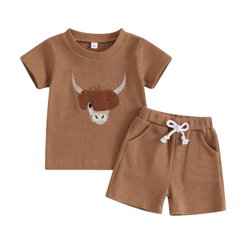 Blotona Embroidery Baby Boy Clothes Summer Short Sleeve Little Dude Print T-Shirt Tops Shorts Set Waffle Knit Outfit