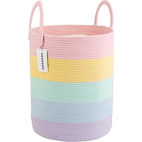 Rope Laundry Basket Hamper for Kids Girl Woven Storage Basket for Living Room Bedroom Boho Tall Baskets for Blanket Toys Pillow Towels Baby Nursery Hamper Bin rainbow