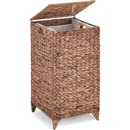 Laundry Hamper with Lid, Clothes Hamper with Removable Liner Bag, Wicker Laundry Basket, Heightened Feet, Rattan Natural Handwoven Water Hyacinth Foldable Laundry Basket