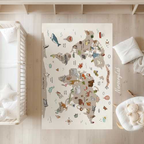 World Map Animal Nursery Rug Soft Washable Kids Play Area