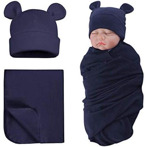 PESAAT Cotton Baby Swaddle Hat Set Newborn Infant Hats Receiving Blankets for Baby Boys Girls