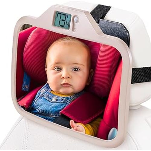 Theromirror - Baby Car Mirror with Temperature Display, Rear Facing Car Seat Mirror, Newborn Essentials - Wide Angle (Beige)