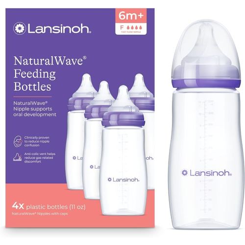 Lansinoh Anti-Colic Baby Bottles for Breastfeeding Babies, 11 Ounces, 4 Count, with 4 Fast Flow Nipples, Size F