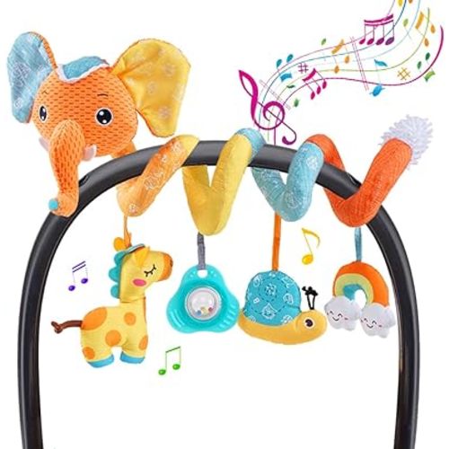 Car seat Hanging Toys, Baby Spiral Activity Plush Stroller Toys Baby Rattle Sensory Toys for Crib Mobile Bassinet with Music Box BB Squeaker Rattles, Infant Toys for 0 6 12 Months Gifts