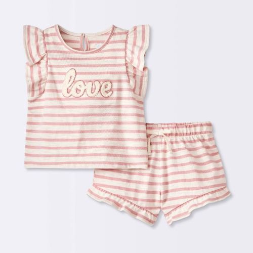Baby Girls' Rose Striped Chenille Patch Tank & Shorts Set - Cloud Island™ Pink 18m