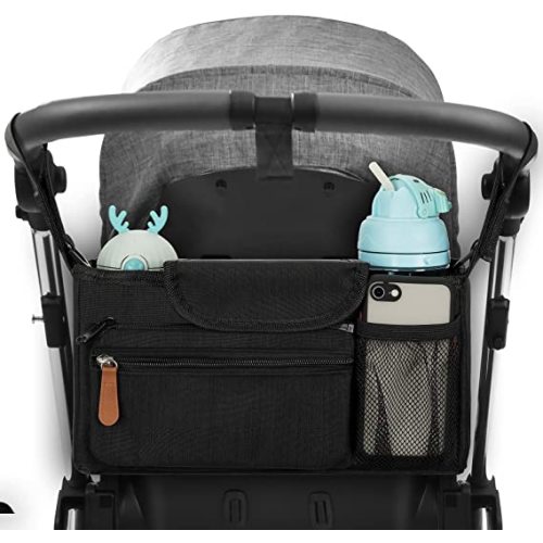 Universal Stroller Organizer, 2 Cup Holders & Detachable Bag with Shoulder Strap Stroller Bag for Bottle, Diaper, Phone, Toys, Baby Items, Design Fit All Strollers (Black)